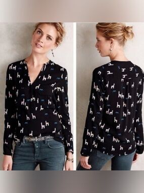 Maeve Anthropologie Rare Llama Moonflower Pullover Henley Blouse Size 8 Medium